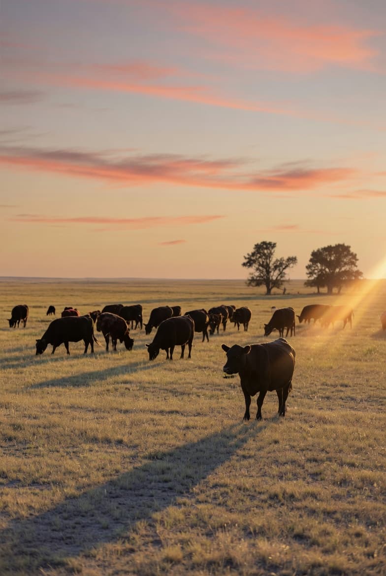 Angus cattle grazing at sunset in an open Texas pasture