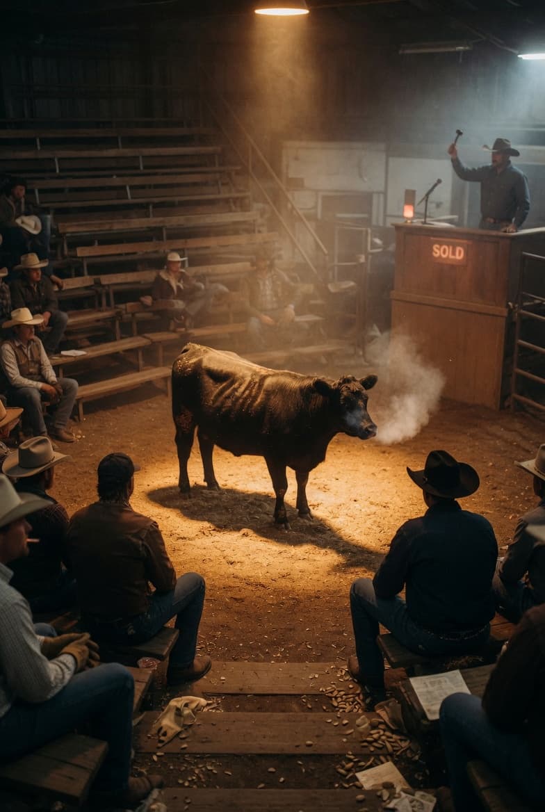 Heifer in the sale ring, auctioneer calling bids, barn atmosphere