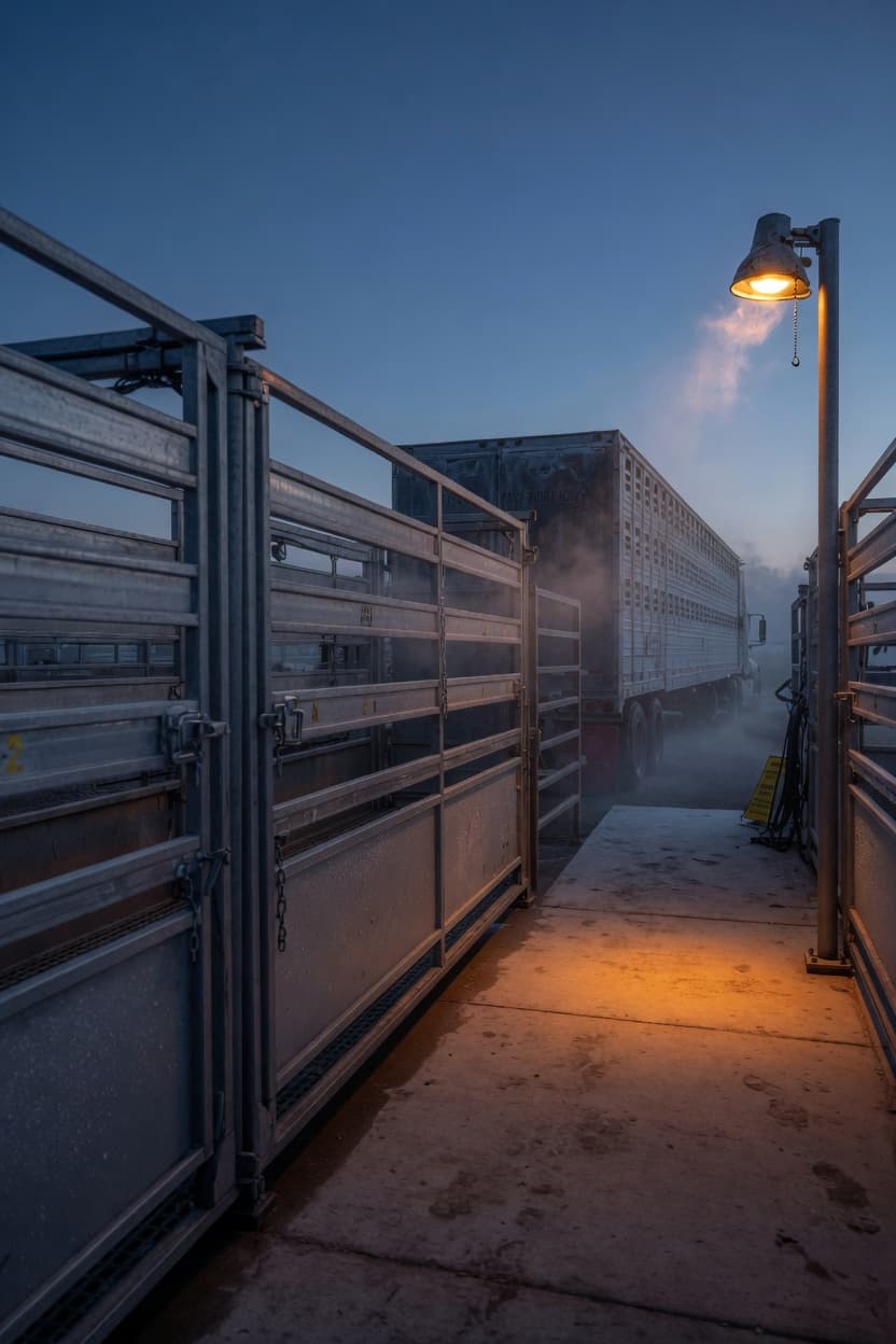 Pre-dawn loading chute, livestock trailer waiting, security light